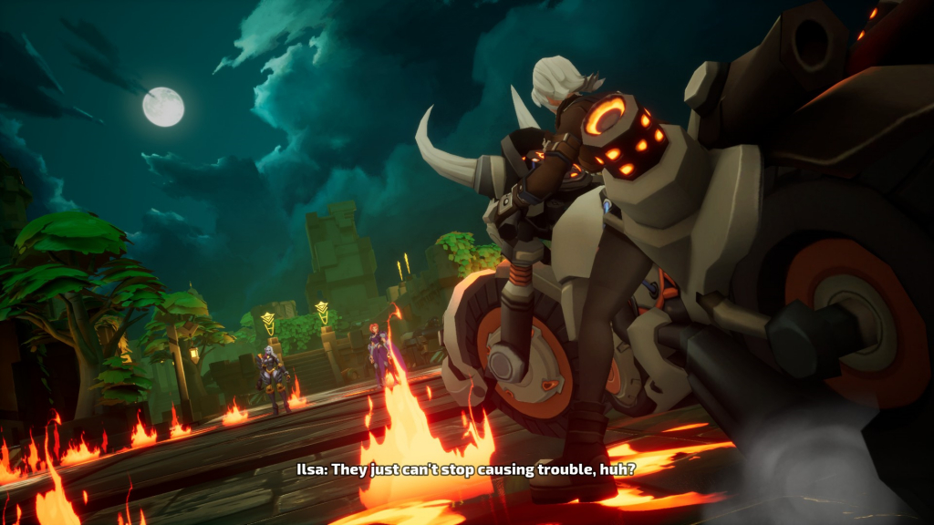 A Torchlight Infinite screenshot from a cutscene, featuring three characters, one of which is on a motorcycle. The text reads Ilsa: They just can't stop causing trouble, huh?